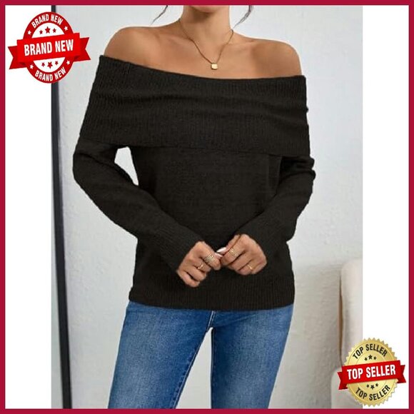 Off Shoulder Chunky Ribbed Knit Pullover Sweater Slim Fit Fall Tops - Picture 5 of 8
